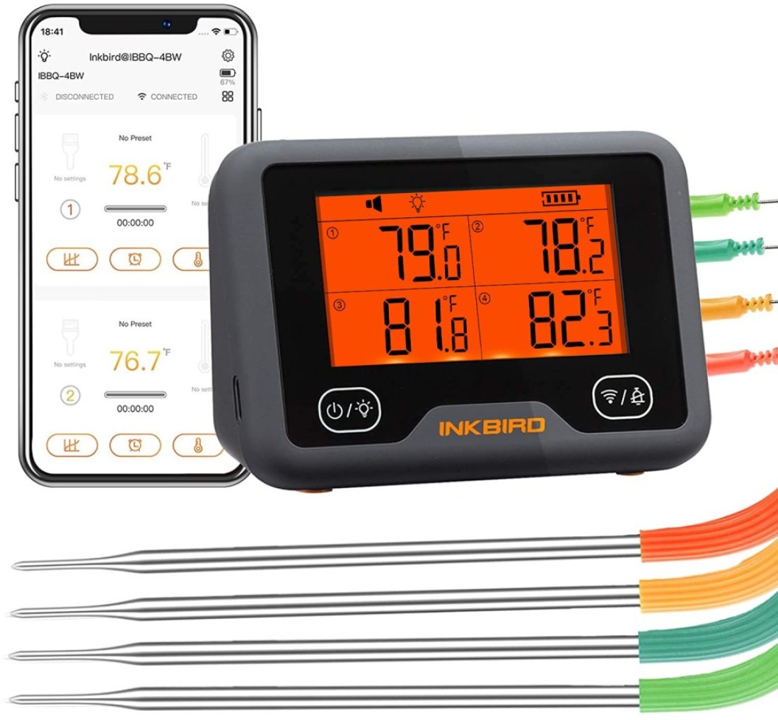 Bluetooth and WiFi Meat Thermometer IBBQ-4BW, Smart Wireless Grill Thermometer, 4 Color Probes Mobile Notification, High/Low Timer, Rechargeable Digital Bluetooth Thermometer for Smoker Oven Kitchen