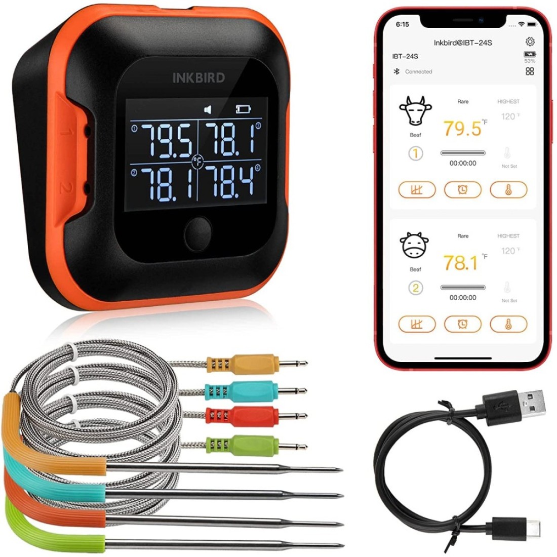Inkbird 150ft Bluetooth Meat Thermometer with 4 Colored Probes, Temperature Graph Real-time Check &amp; Download BBQ Grill Thermometer for Kitchen Food Smoker Thermometer IBT-24S, Rechargeable