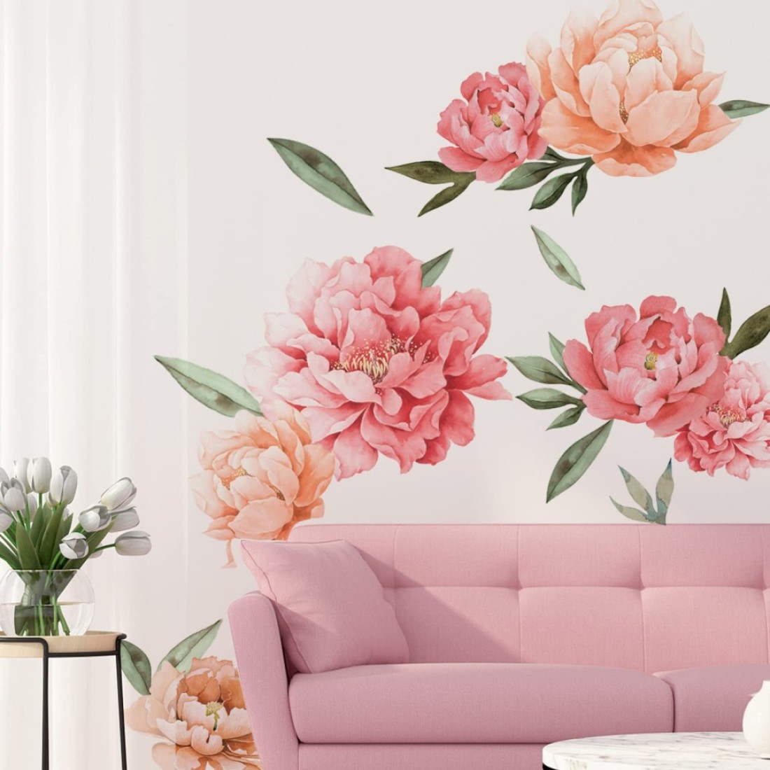 Peony Flowers Wall Decals, Watercolor Elegant Peonies Rose Floral Wall Stickers, FODIENS Pink Blossom Flower Wallpaper Art Applique for Living Room Bedroom Girls Room