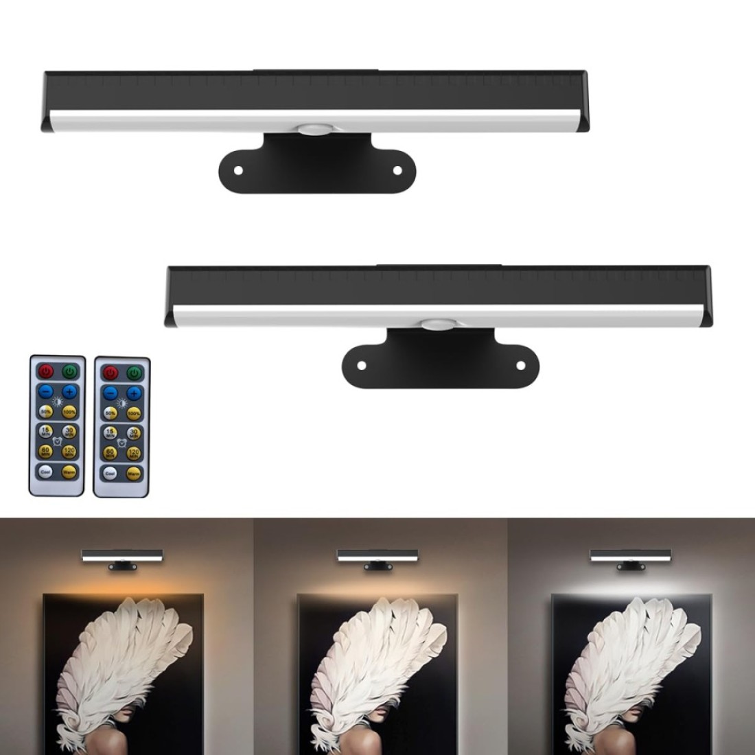 2PACK Picture Light LED Battery Operated Wall Light for Paintings,Wireless Dimmable Frame Light with Remote,3 Lighting Display Art Light Magnetic Timer Light for Artwork Portrait Dartboard Wall Decor