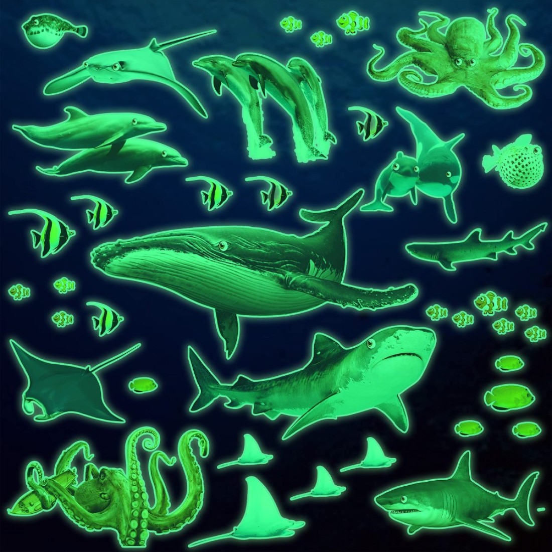 Amaonm Removable Glow in The Dark Ocean Animals Wall Sticker Glowing Under The Sea Fish Wall Decal Peel and Stick Luminous Whale, Shark, Squid Art Decor for Kids Baby Boy and Girl Bedroom Nursery