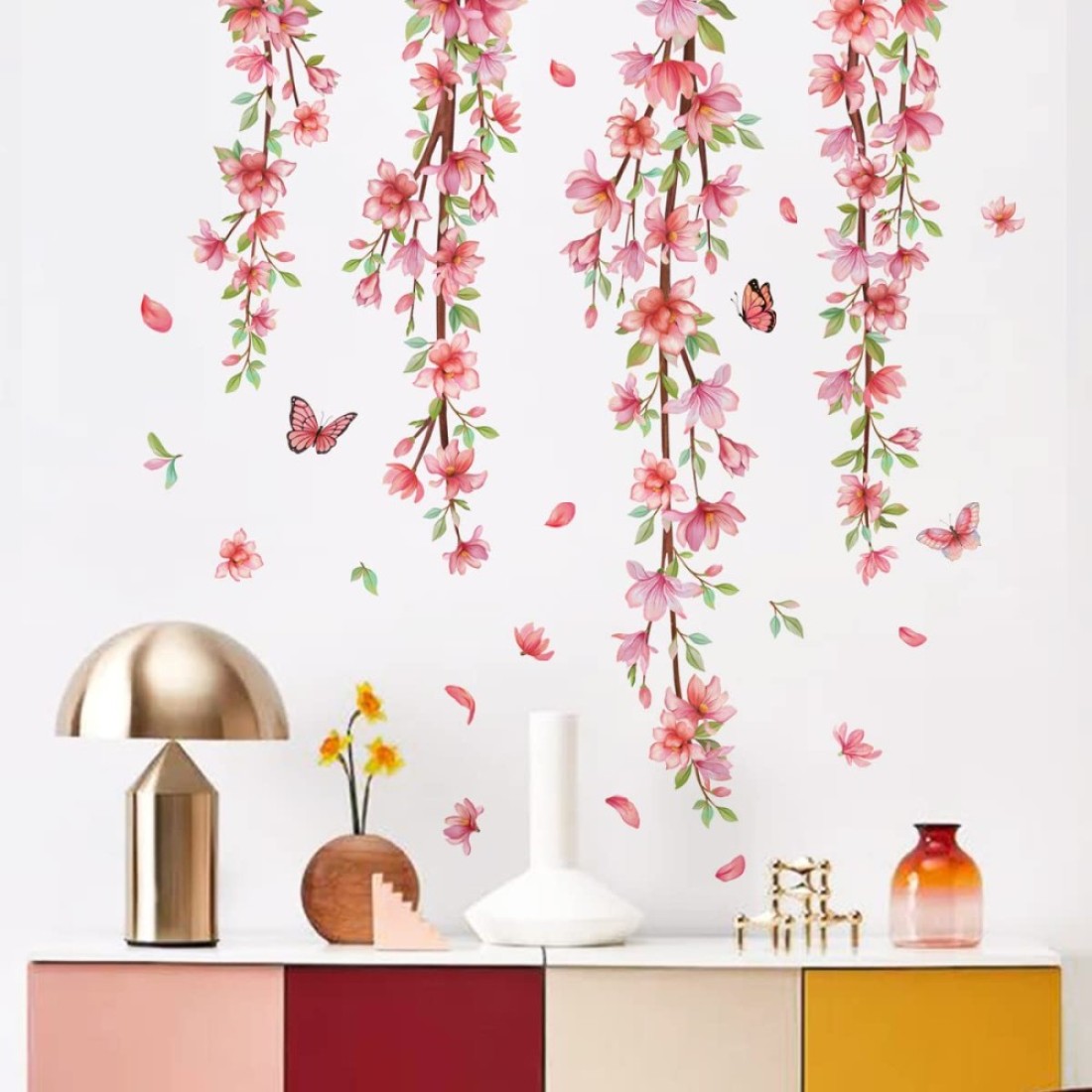 fanquare Hanging Vine with Blossom Wall Decals Flower Vine Wall Stickers Hanging Red Flowers Leaves Wall Decor for Bedroom Living Room Decor