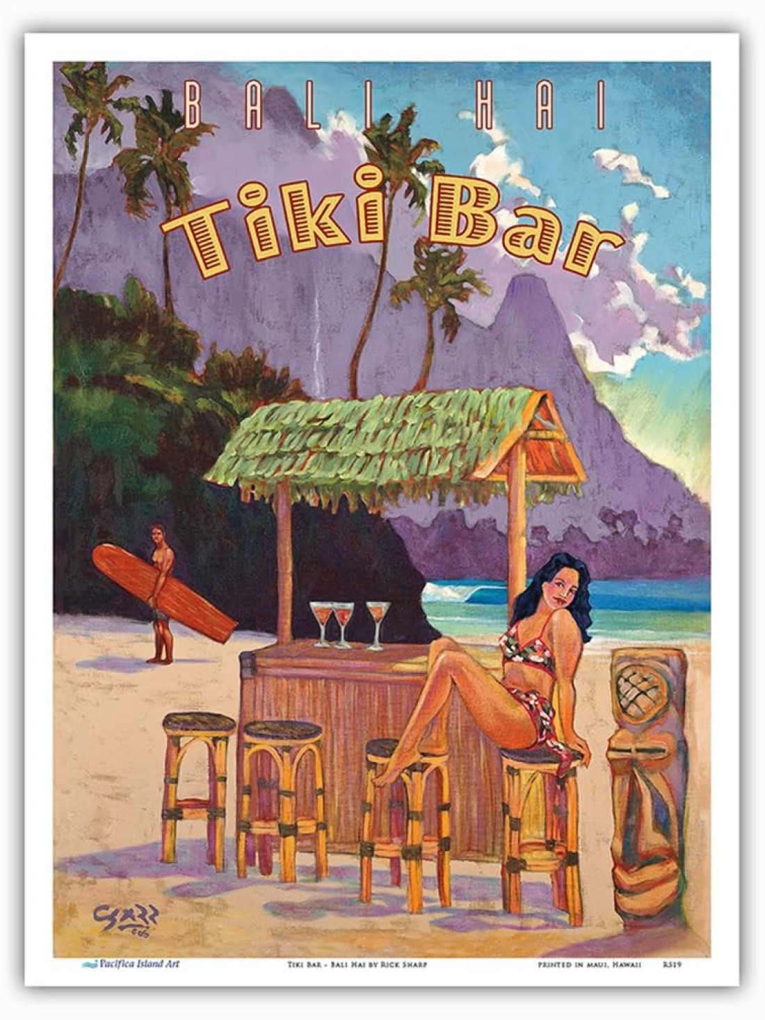South Seas Tiki Bar - Bali Hai Makana Mountain - Kauai Hawaii - Vintage Hawaiian Travel Poster by Rick Sharp - Master Art Print (Unframed) 9in x 12in