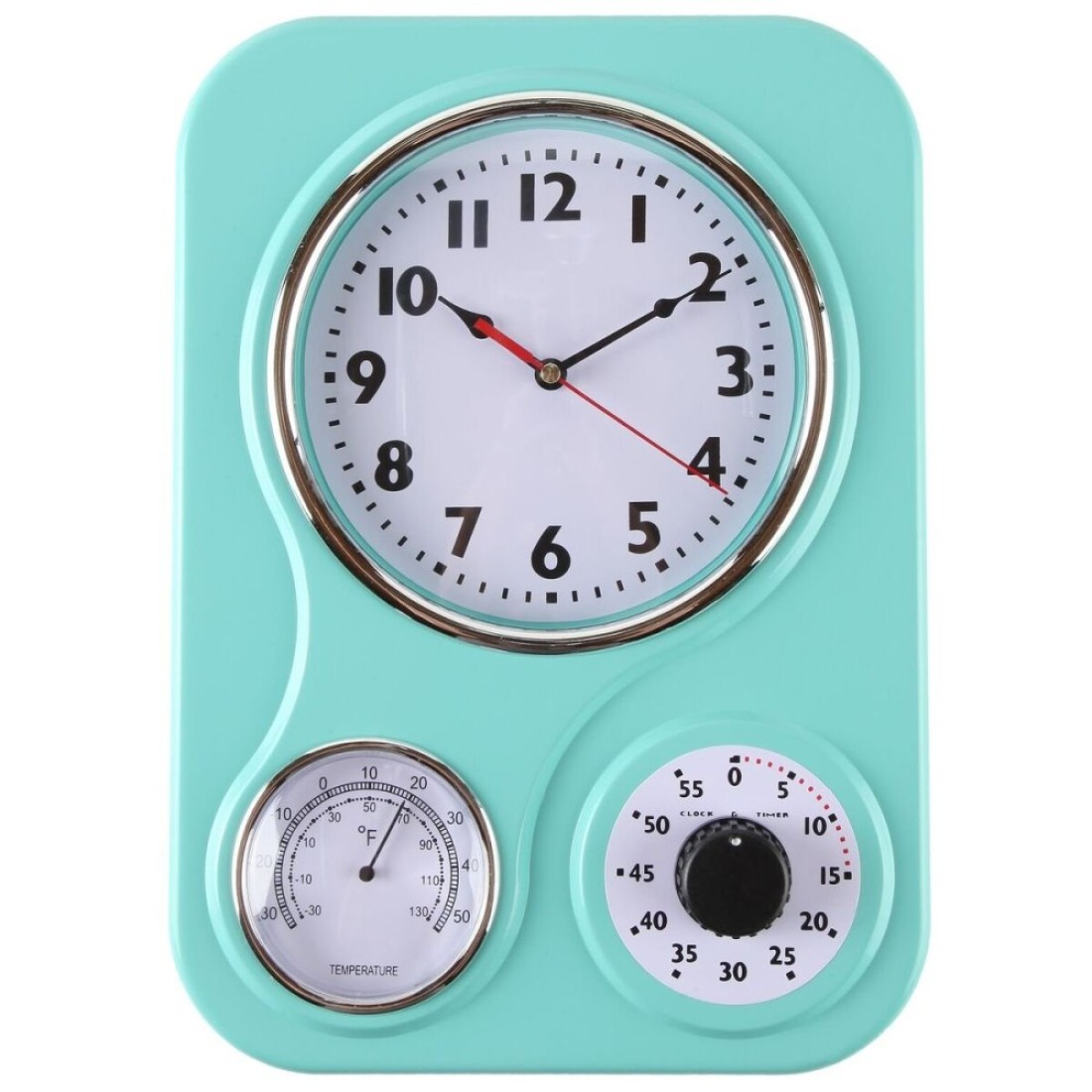 Lily&#39;s Home Retro Kitchen Wall Clock, with a Thermometer and 60-Minute Timer, Ideal for Any Kitchen, Turquoise (9.5 in x 13.3 in)