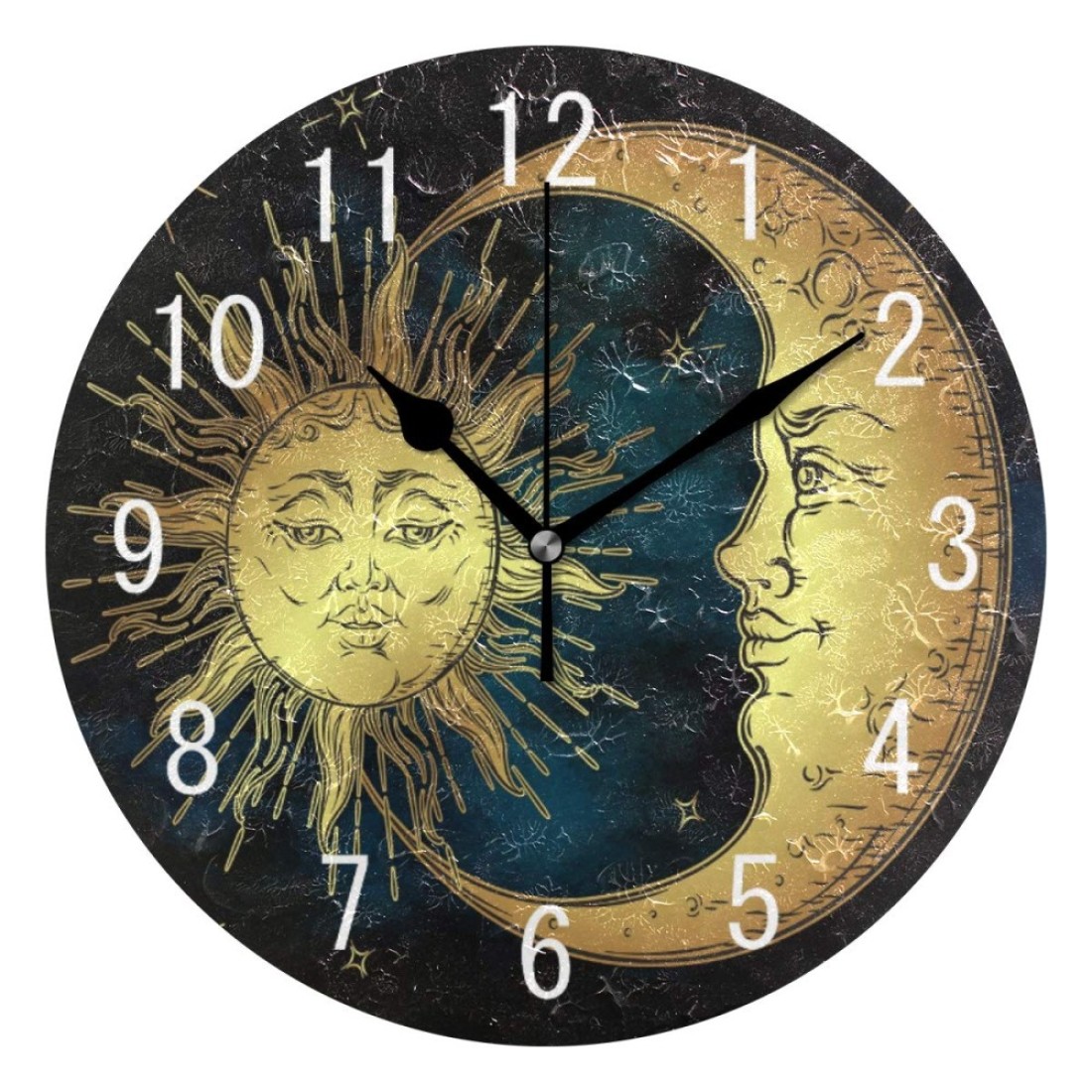 ALAZA Home Decor Golden Sun Crescent Moon Star Sky Round Acrylic 9.5 Inch Wall Clock Non Ticking Silent Clock Art for Living Room Kitchen Bedroom