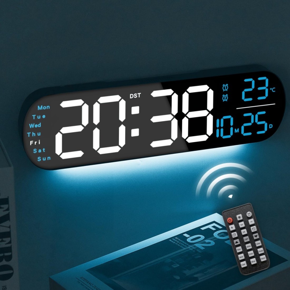 YUANRANER 13.7&quot; Digital Wall Clock Large Display with Remote Control,Dual Alarm,Auto-Dimming,Big Digits,Auto DST Clock for Bedroom Living Room Decor with 9 Adjustable Ambient Night Lights-Blue