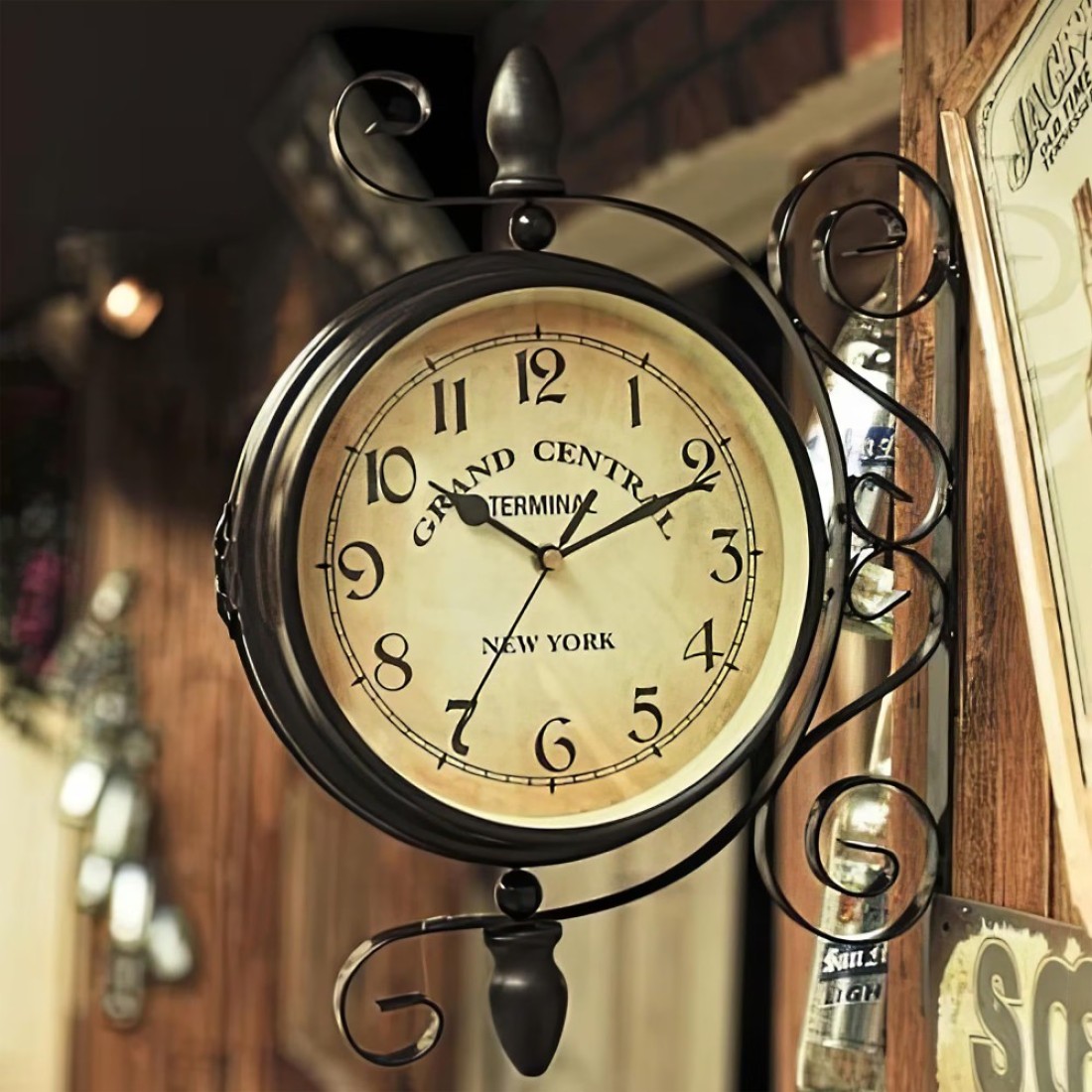 WHELPAW Double-Sided Clock, European Vintage Style with Metal Frame 360&Acirc;&deg; Rotatable, Silent Mechanism Ideal for Living Room, Restaurants, Cafes, Bars Battery Operated, Vintage Wall Clock