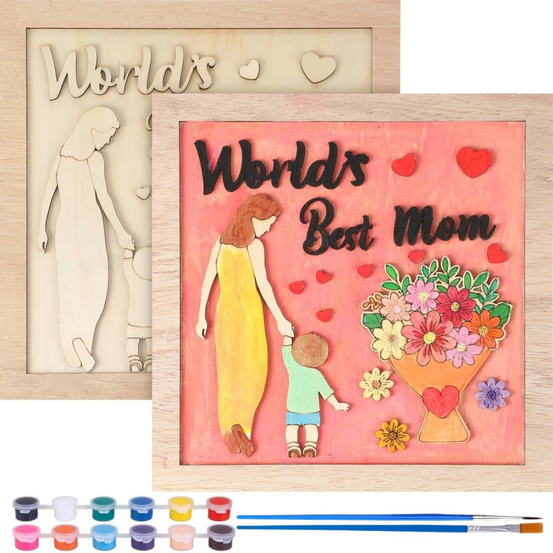 Nezyo Mother Gifts Thank You Mom Gifts Picture Frame Painting Craft Kit 10 x 10 Inches DIY Unfinished Wooden Photo Frames with Painting Tools Set for Mom Grandmother Wife Mother in Law