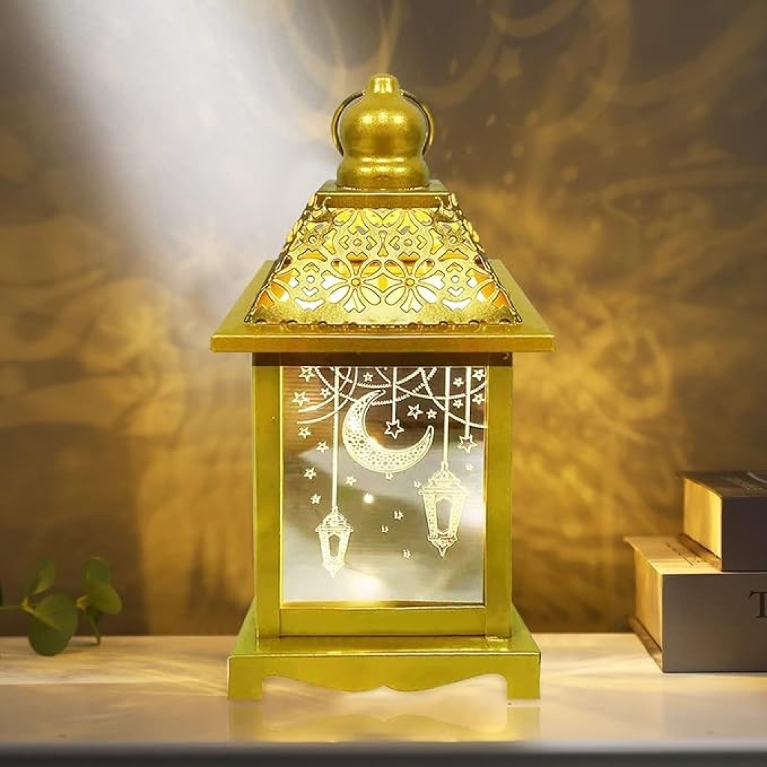 Yoawllty 8in Large Ramadan Lantern with LED Candle, Warm White Ramadan Decorations Lights for Home, Gold Decorative Ramadan Lantern with Moon Star Light Pattern