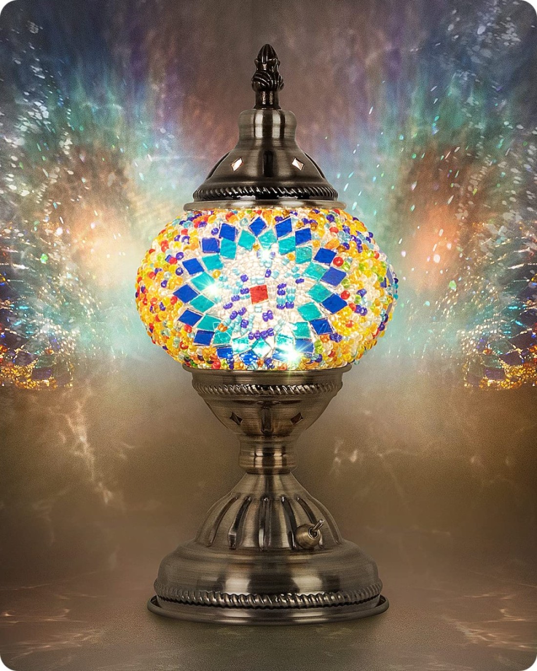 Yarra-Decor Turkish Moroccan Lamp with Bronze Base Handmade Tiffany Mosaic Glass Lamps Portable Bedside Lamps with Rechargeable Battery 2000mAh (LED Bulb Included)(1)