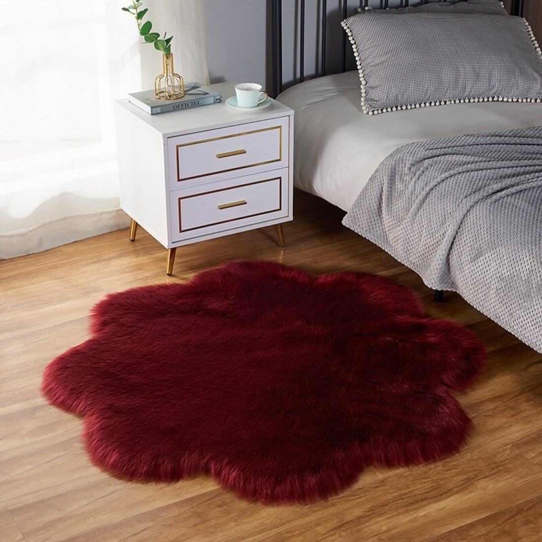 Mei Homecenter Super Soft Rabbit Fur Flower Design Living Room Carpet With Anti Slip Bottom, Red (Size 80CM)