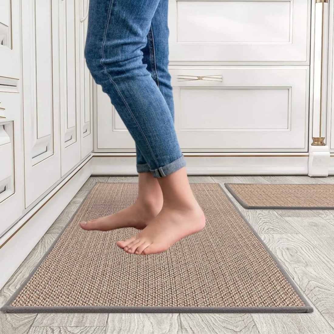 MEKITON - Set of 2 PCs Premium Anti-Fatigue, Non-Skid Natural Rubber Kitchen Floor Mats, Washable Runner Rugs for Kitchen Floor Front of Sink, Laundry Room 45X120CM + 45X75CM (Oats)