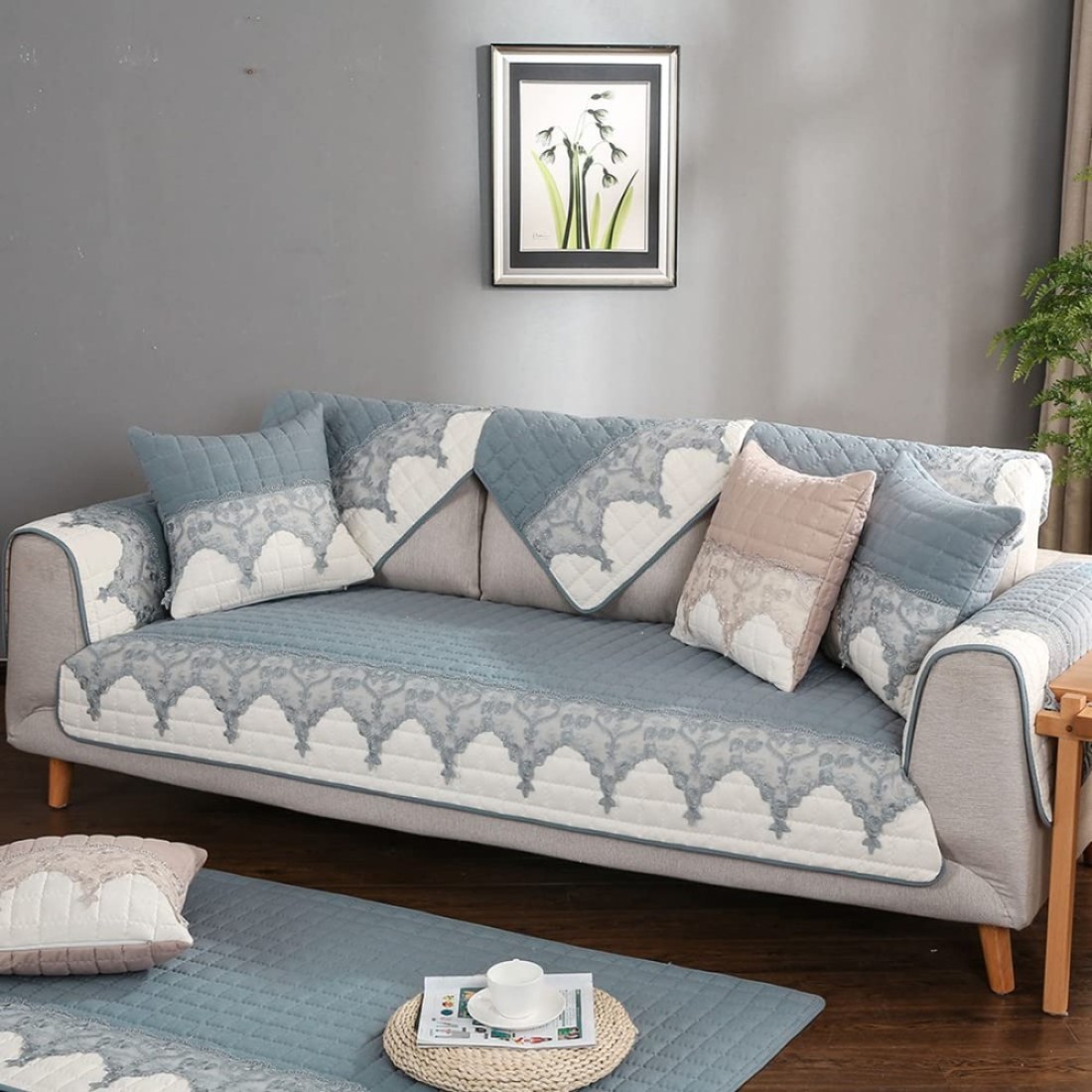 vctops Embroidered Lace Sofa Couch Cover, Quilted Sectional Couch Covers, Non-Slip Sofa Slipcover for Dogs Cats Pet Love Seat Recliner Leather L Shaped, Armrest Backrest Cover(Grey,28&quot;x28&quot;)