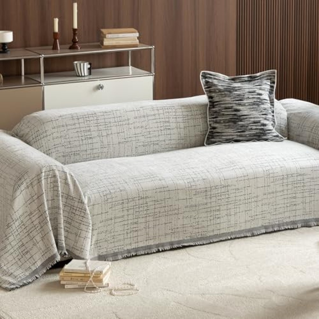Roxooze Couch Cover 2 Cushion Sofa Cover for Dogs Washable Grey Simple Stripes Couch Cover Blanket Protector for Loveseat Sectional Sofa l Shape Chenille Couch Slipcover for Kids, 71&quot;x118