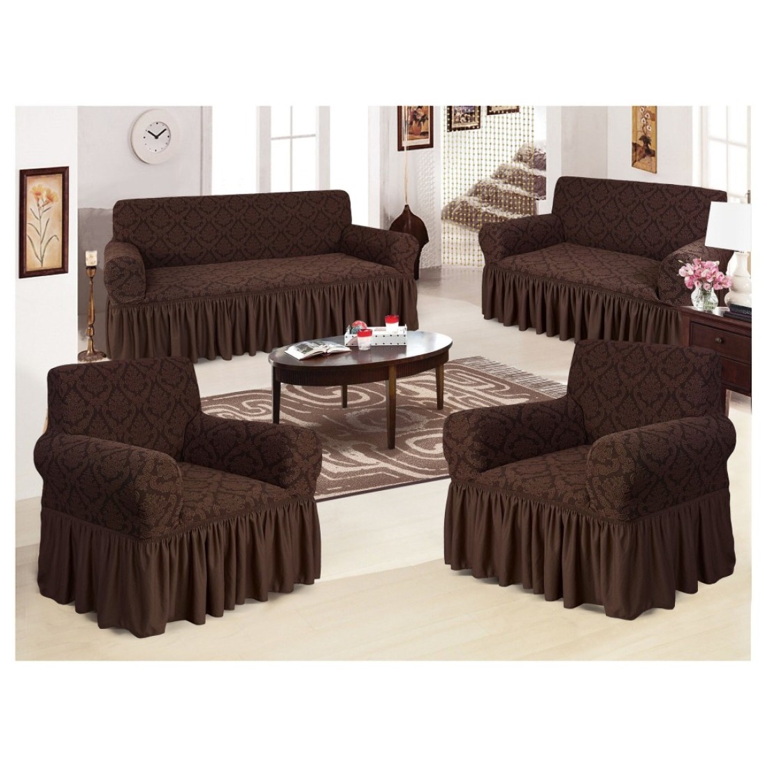 4-Piece Stretchable Sofa Cover Set Chocolate Brown Jacquard Fabric Seven Seater Couch Cover Set 3211 Combination