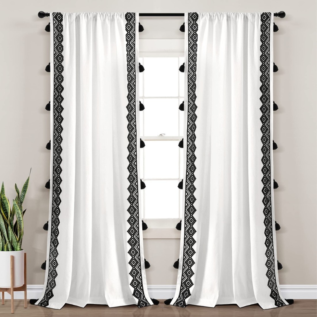 Lush Decor Aztec Diamond Border Tassel Window Curtain Panel Single Panel 52 W x 84 L OffWhite Black