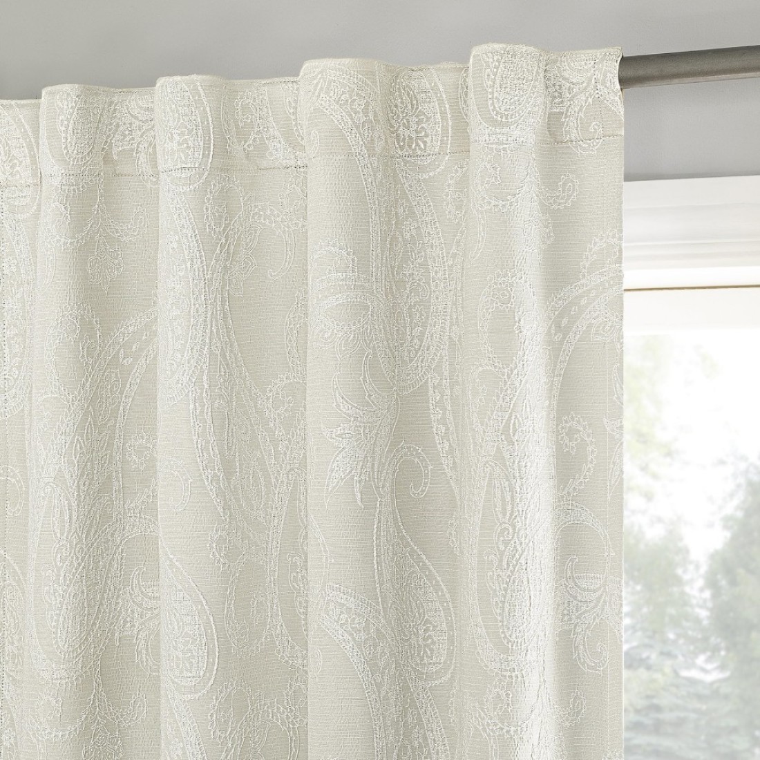 Sun Zero Pedra Paisley Embroidery 100 Blackout Back Tab Curtain Panel 40 x 96 Pearl White
