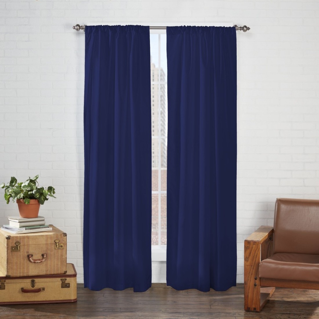 Eclipse Cadenza Microfiber Rod Pocket Panel Pair Light Filtering Window Curtains 54 in long x 40 in wide 2 Panels Navy
