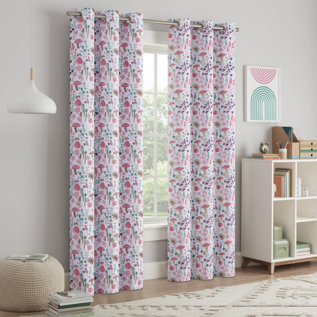 Eclipse Blackout Curtain Mushroom and Floral Print Kids Curtain with Metal Grommets 84 in x 37 in Thermaback 100 Blackout Curtain Curtain for Kids Room or Playroom 1 Window Curtain Multi