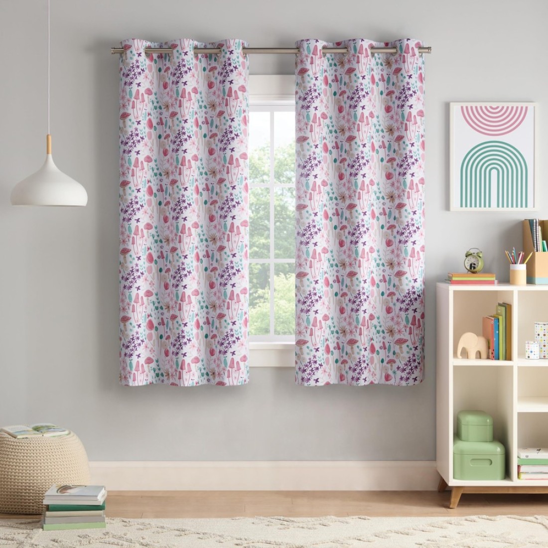 Eclipse Blackout Curtain Mushroom and Floral Print Kids Curtain with Metal Grommets 63 in x 37 in Thermaback 100 Blackout Curtain Curtain for Kids Room or Playroom 1 Window Curtain Multi