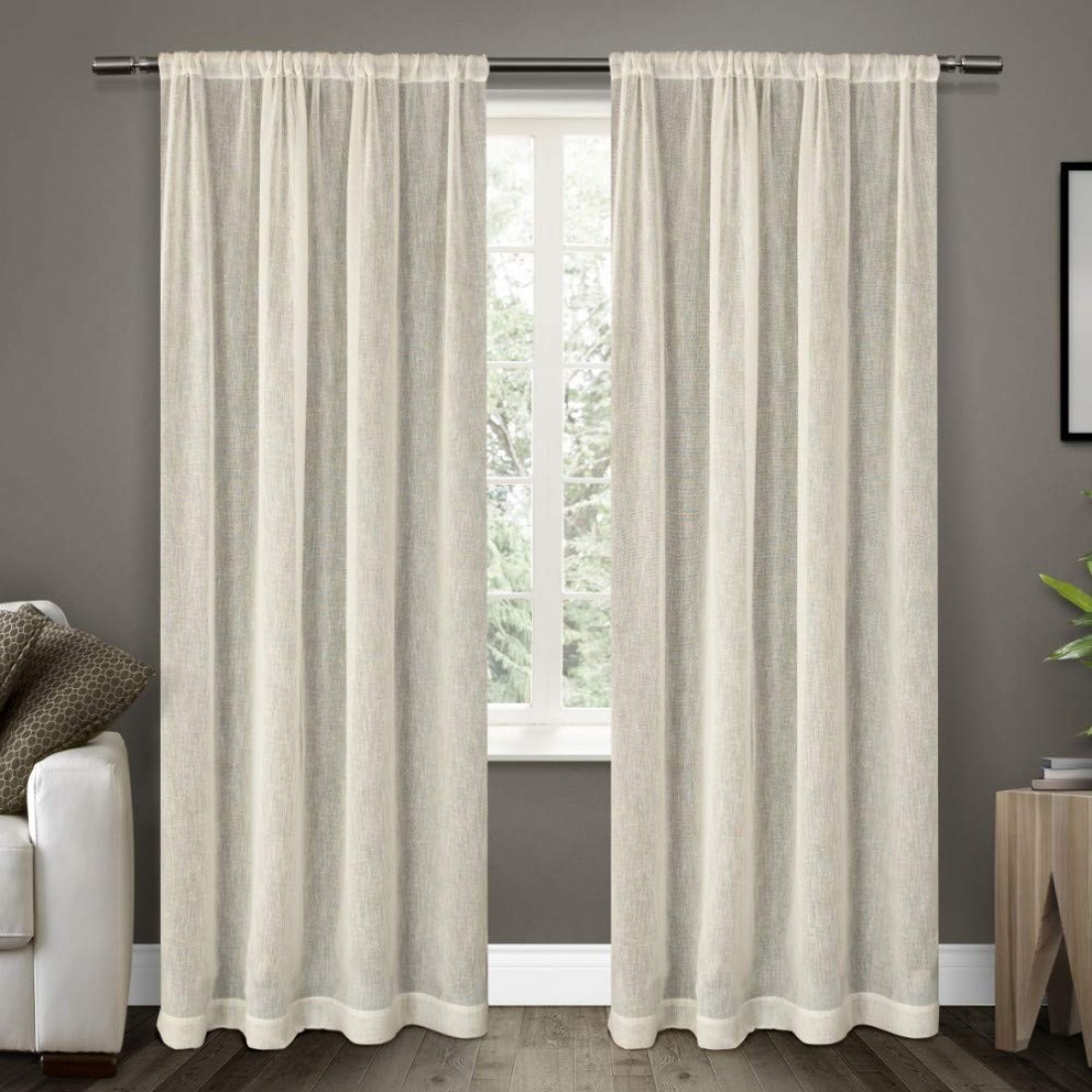 Exclusive Home RP Belgian Textured Linen Look Jacquard Sheer Rod Pocket Curtain Panel, Pair, 50x84, Snowflake