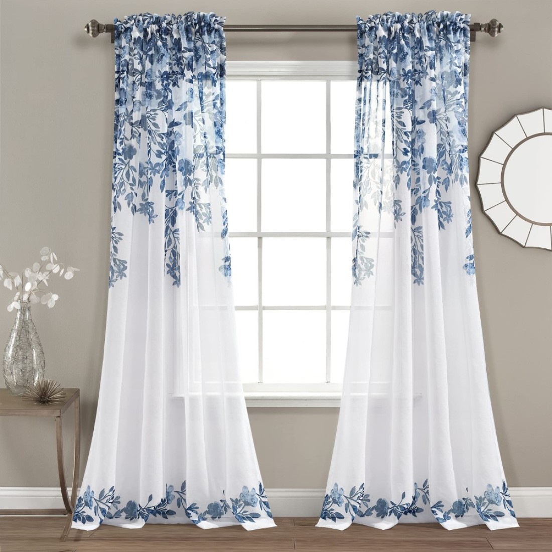 Lush Decor Tanisha Curtains - Sheer Window Panel Set - Floral Vine Print, Beautiful, Modern, Elegant Home Decor - 38&quot; W x 84&quot; L, Navy &amp; White