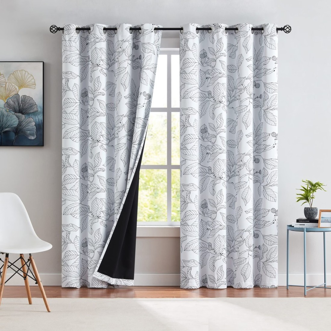 Xwincel 100% Blackout Curtains for Bedroom Black Leaf Pattern on White Curtains 63 Inches Long for Living Room Darkening Thermal Insulated Curtain Panels Botanical Print Grommet Window Drapes 2 Panels