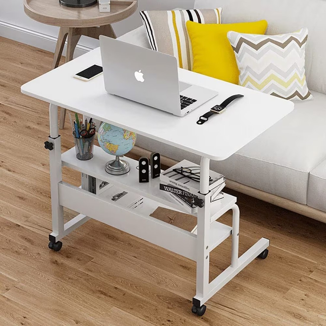 Jjone Laptop Desk Table With 2-Tier Storage Shelves &amp; Wheels, Workstation Study Laptop Table For Home Office (Sc11-White)