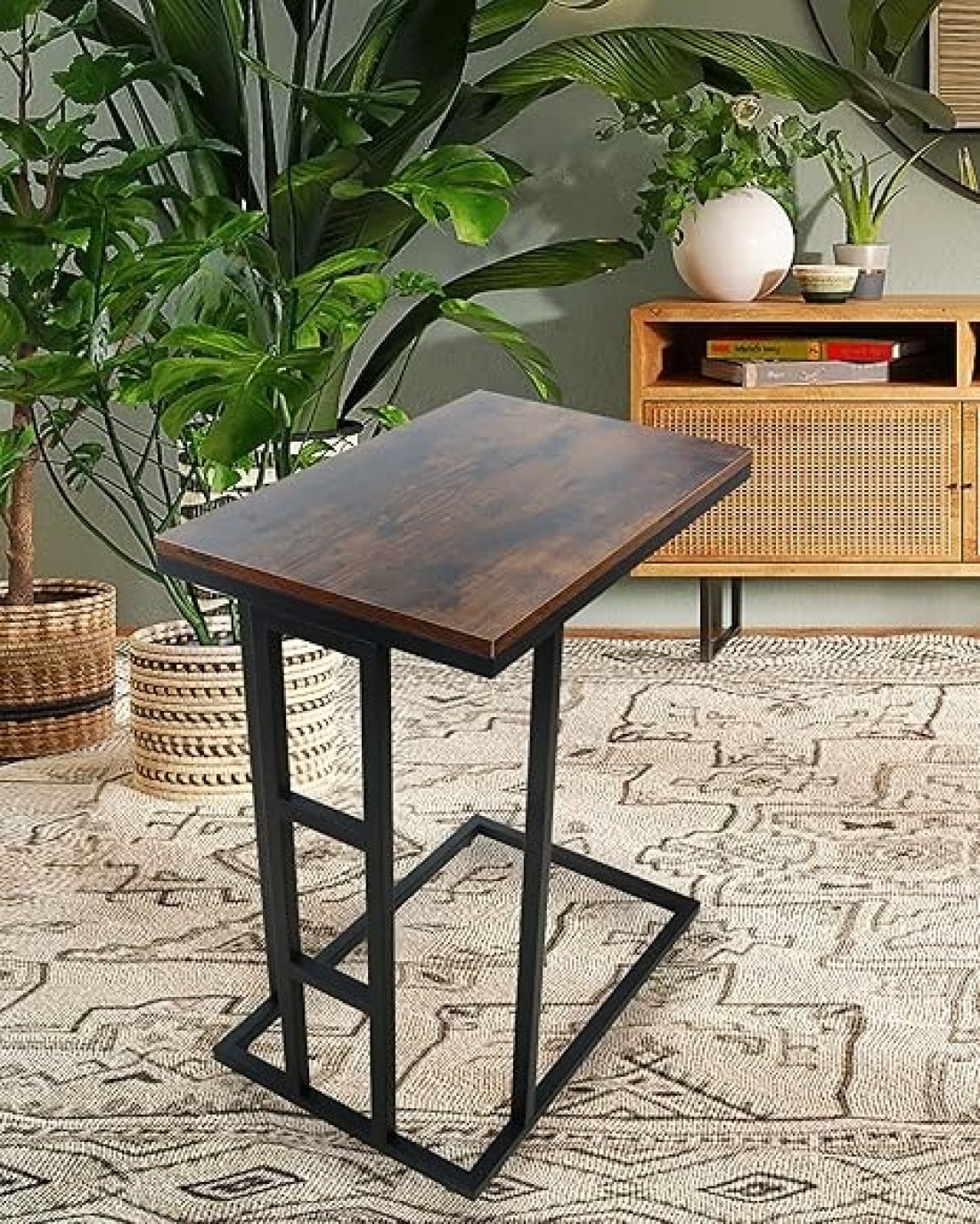 Panax C Shaped End Table, Side Table for Couch and Bed, Small Side Table for Small Spaces, Living Room, Bedroom, Rustic Snack Table (Rustic Brown)