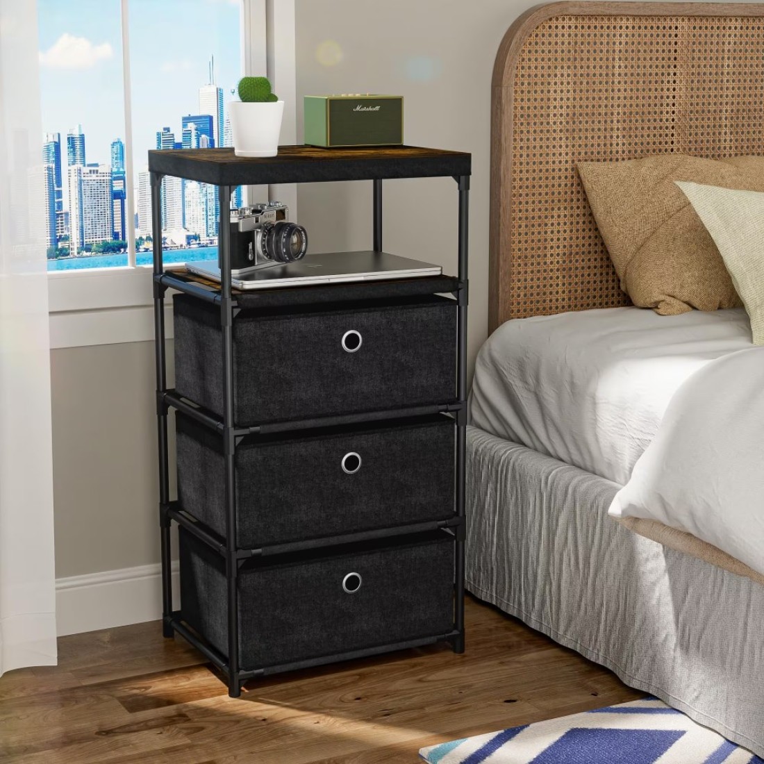 Nightstand, Side Table with 3 Fabric Drawers, End Table Bedside Table Night Stand with Open Shelf for Small Spaces Bedroom, Black