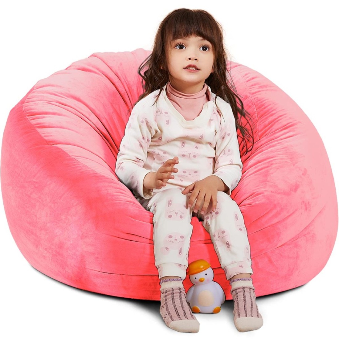 Bean Bag Chair Cover, Stuffed Animal Storage, Plush Toys Organizer Holder, Beanbag Chairs Cover for Kids Teans and Adults Super Soft and Comfortable Fabric X-Large with Handle and Zipper -Round Pink