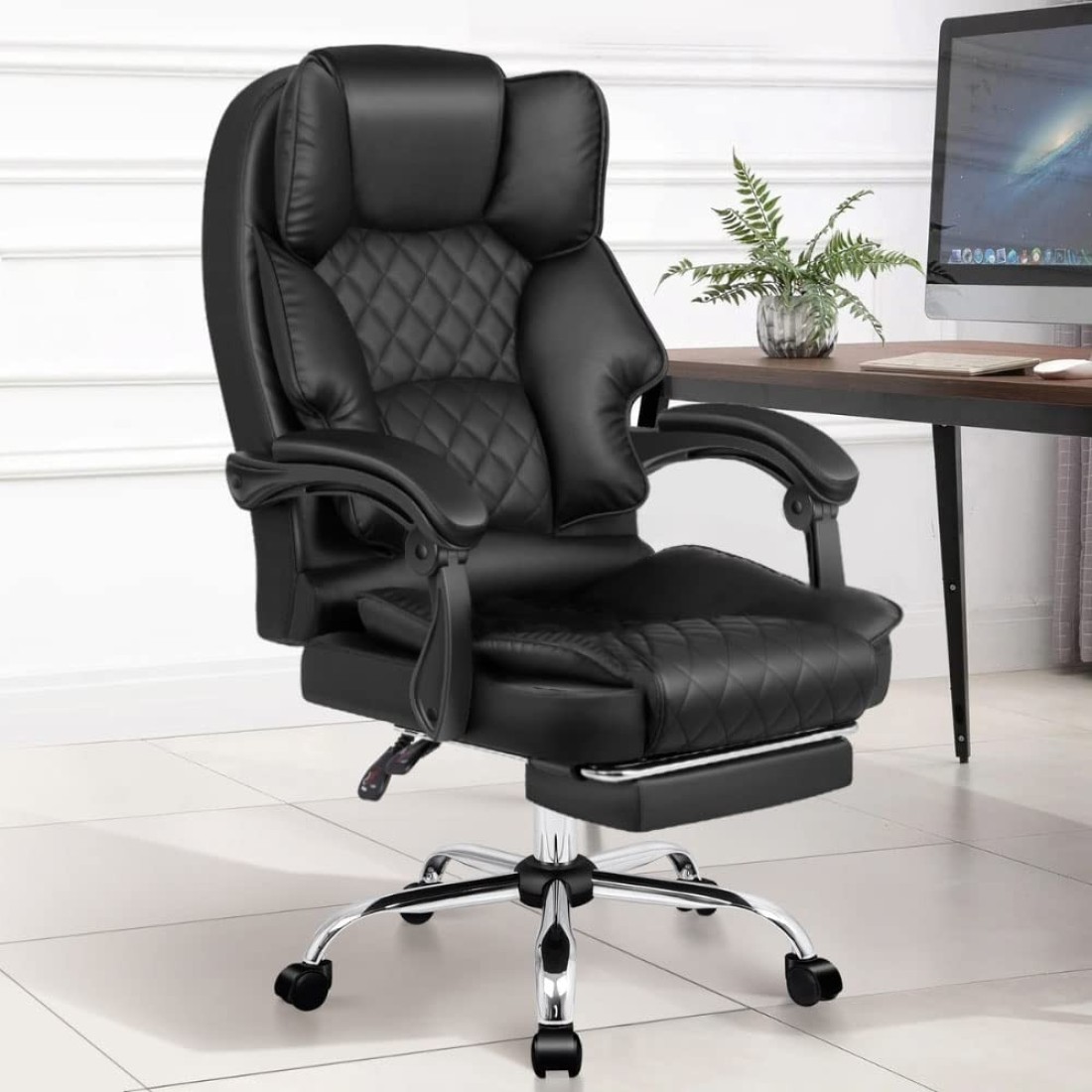 Karnak Executive Office Gaming Chair PU Leather 360 Swivel, Diamond Pattern Stitching High Back With Tilt Lock Mechanism, Soft Foam &amp; Well Padded Backrest With Lumbar Support, Black
