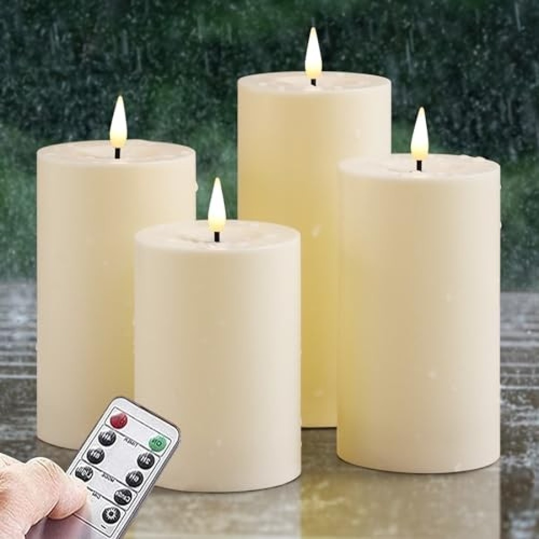 Zevanor 2.8&rdquo; x 3.8&rdquo; 4.8&rdquo; 4.8&rdquo; 5.8&rdquo; Flameless LED Waterproof Remote Pillar Candles, Timer Battery Operated Flickering Small Plastic Ivory Outdoor Candles (Long Lasting 800 Hours, Pack of 4)
