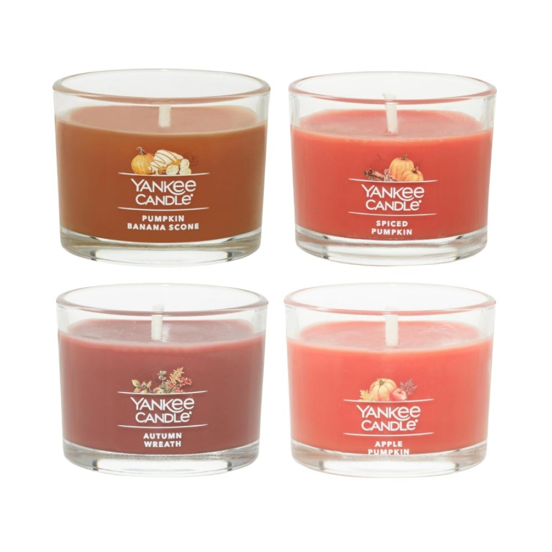 Yankee Candle Signature Votive Mini Candle Jars Pumpkin Patch Fall Variety Pack, 1 Apple Pumpkin, 1 Autumn Wreath, 1 Pumpkin Banana Scone, 1 Spiced Pumpkin Variety Pack