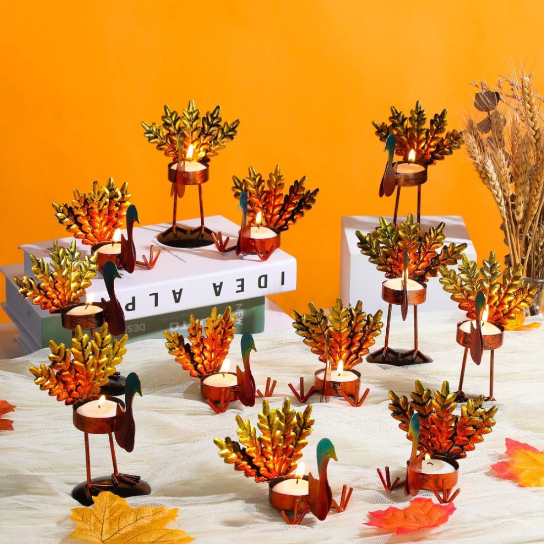 Sieral 12 Pieces Metal Turkey Tea Light Candle Holders Thanksgiving Candle Holder Turkey Candle Holder Holiday Candlestick for Thanksgiving Home Table Decoration Fireplace Centerpiece