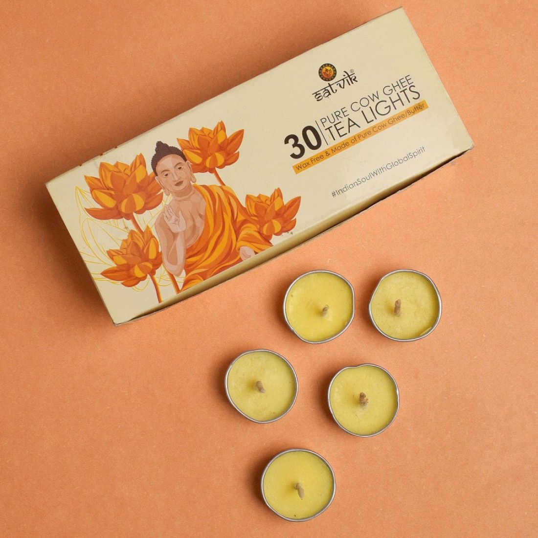 Satvik 30 Pcs Set of Tibetan Butter Lamp Candle Tea Light Holder Pure Cow Ghee Diya for Buddhist Ceremonies Yoga Meditation Candle 1.5 Hours Burning Time Indian Diwali Housewarming Return Gifts
