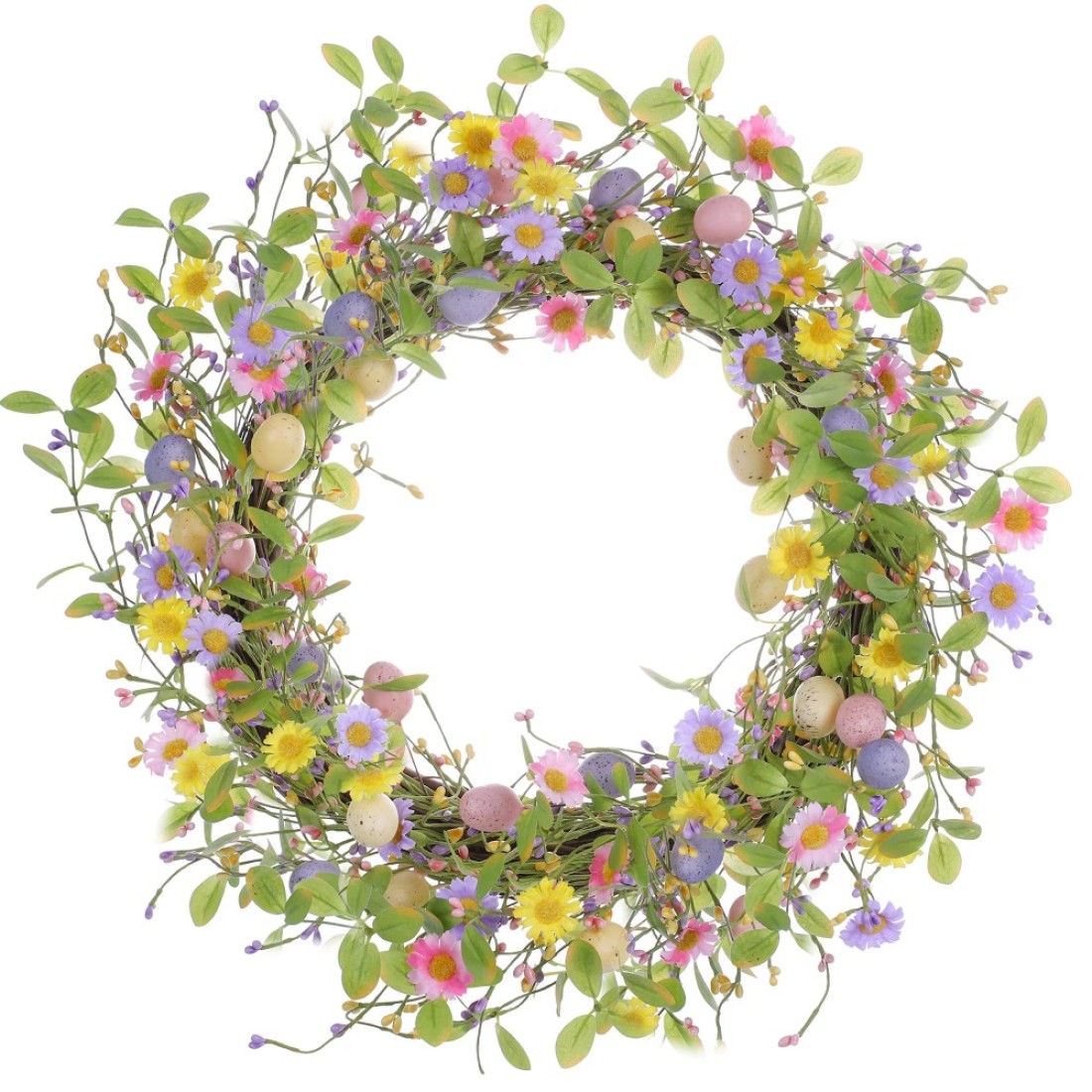 LLZLL Easter Wreath 20&quot; Easter Wreaths for Front Door Artificial Easter Egg Wreath with Daisy Flower Green Leaves for Wall Decor