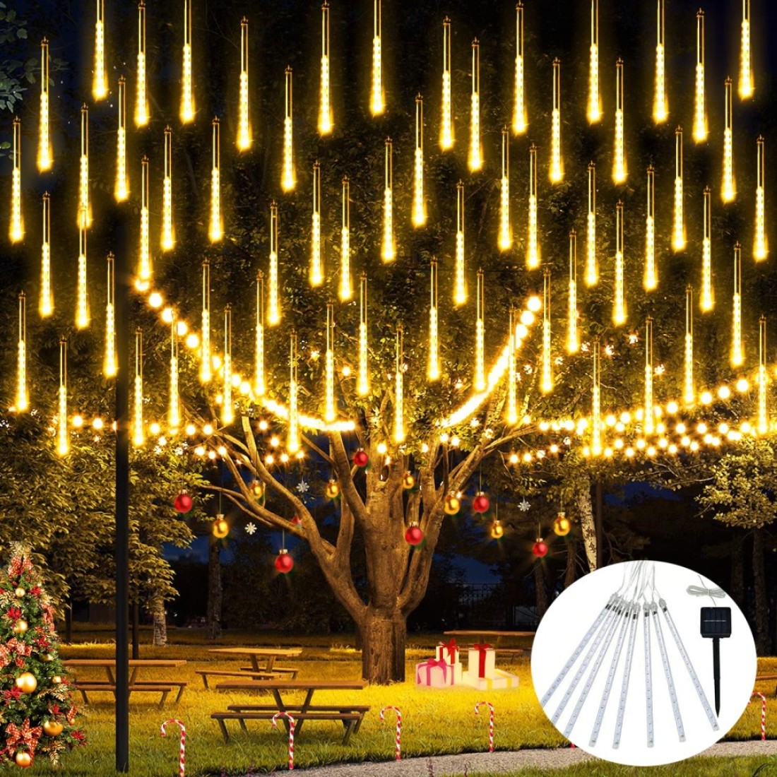 JMEXSUSS Solar Meteor Shower Rain Lights 30cm 8 Tube 144 LEDs Warm White Meteor Lights Led Falling Rain Fairy String Lights for Xmas Tree Wedding Holiday Party Patio Decoration