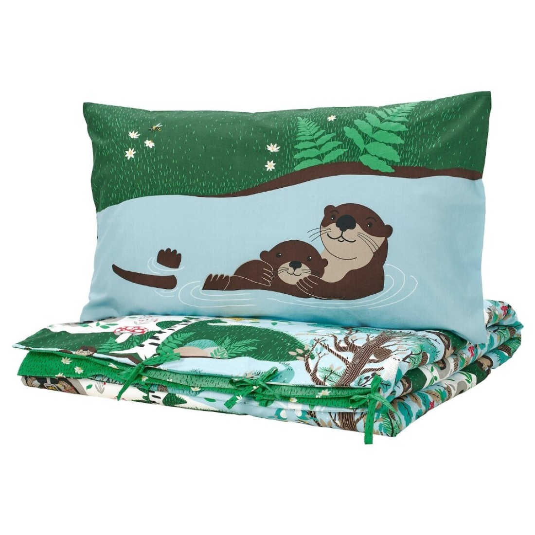 Duvet Cover And Pillowcase Blue Green/Forest Pattern 150X200/50X80cm