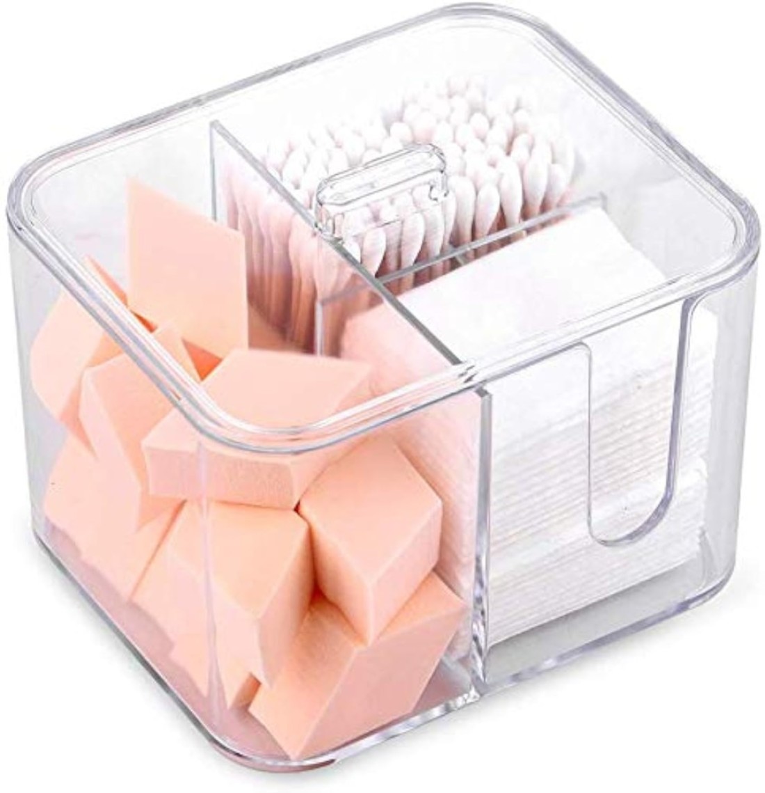 SUNFICON Cotton Swab Balls Box Cotton Pads Holder Organizer Holder Dispenser Storage Canister Cosmetic Pads Container Flossers Case 4Grid Bathroom Countertop VanityAcrylic Crystal Clear