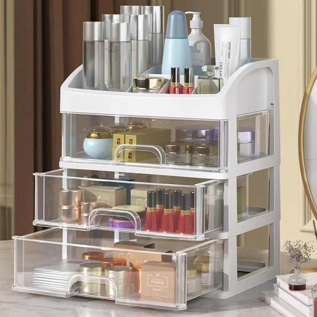 Makeup Organizer with 3 Drawers Cosmetic Display Cases Makeup Storage Box 3 Drawers white