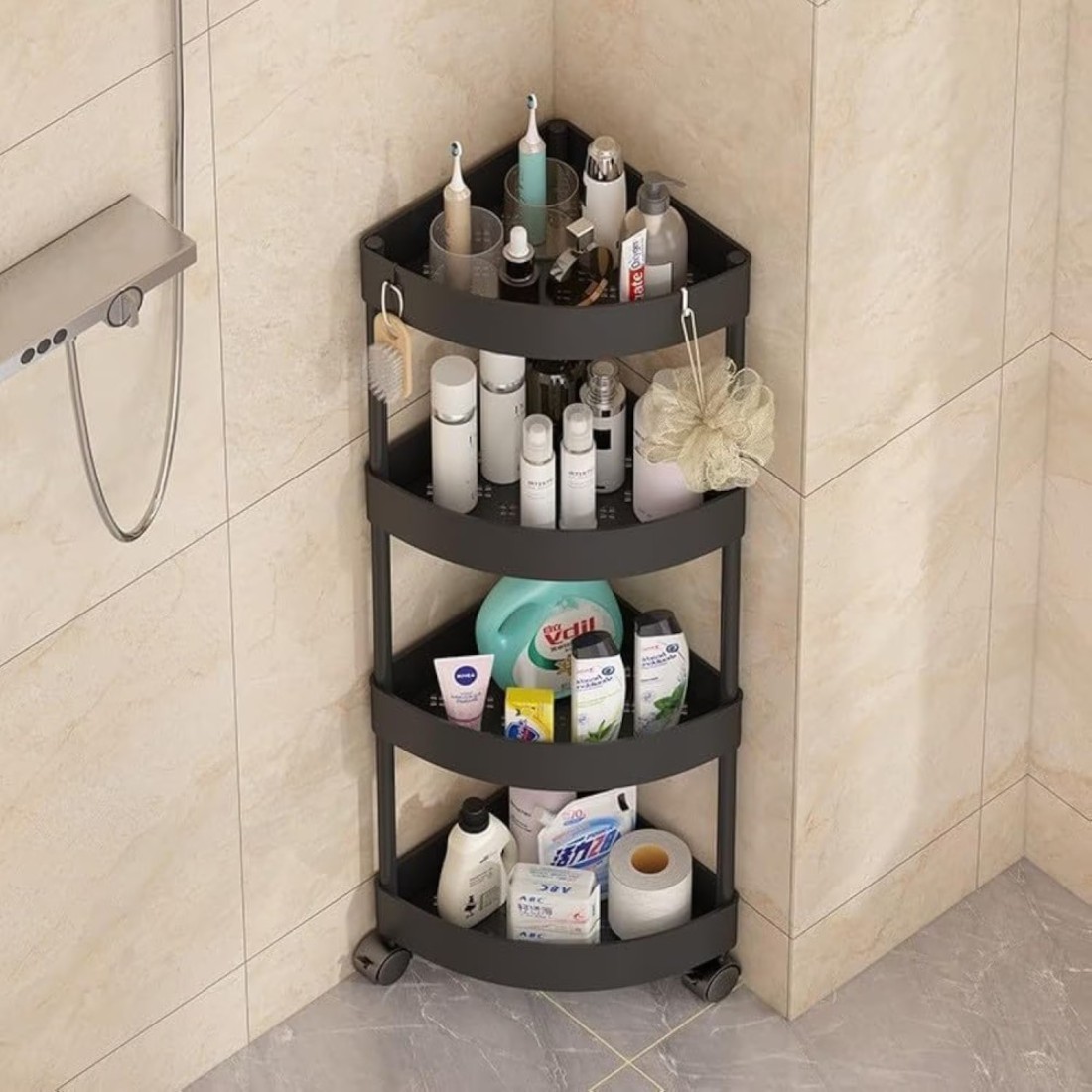 4-Tier Rolling Storage Cart,Corner Shelves， Multi-Purpose Organizer for Bathroom, Office &amp; Kitchen, Plastic Shower Caddy Organizer Shelf, Easy to Assemble &amp; Move (Black)