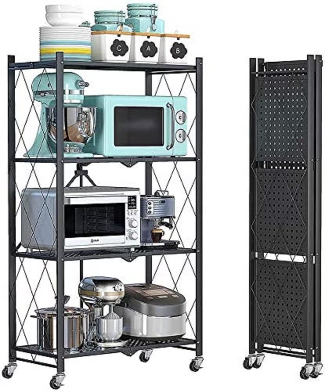 ECVV Leostar 4 Layer Shelf Foldable Storage Shelving Unit With Wheels, Metal Rack Display For Garage Kitchen Pantry Closet Laundry, Black, Str-4326, 4-Shelf