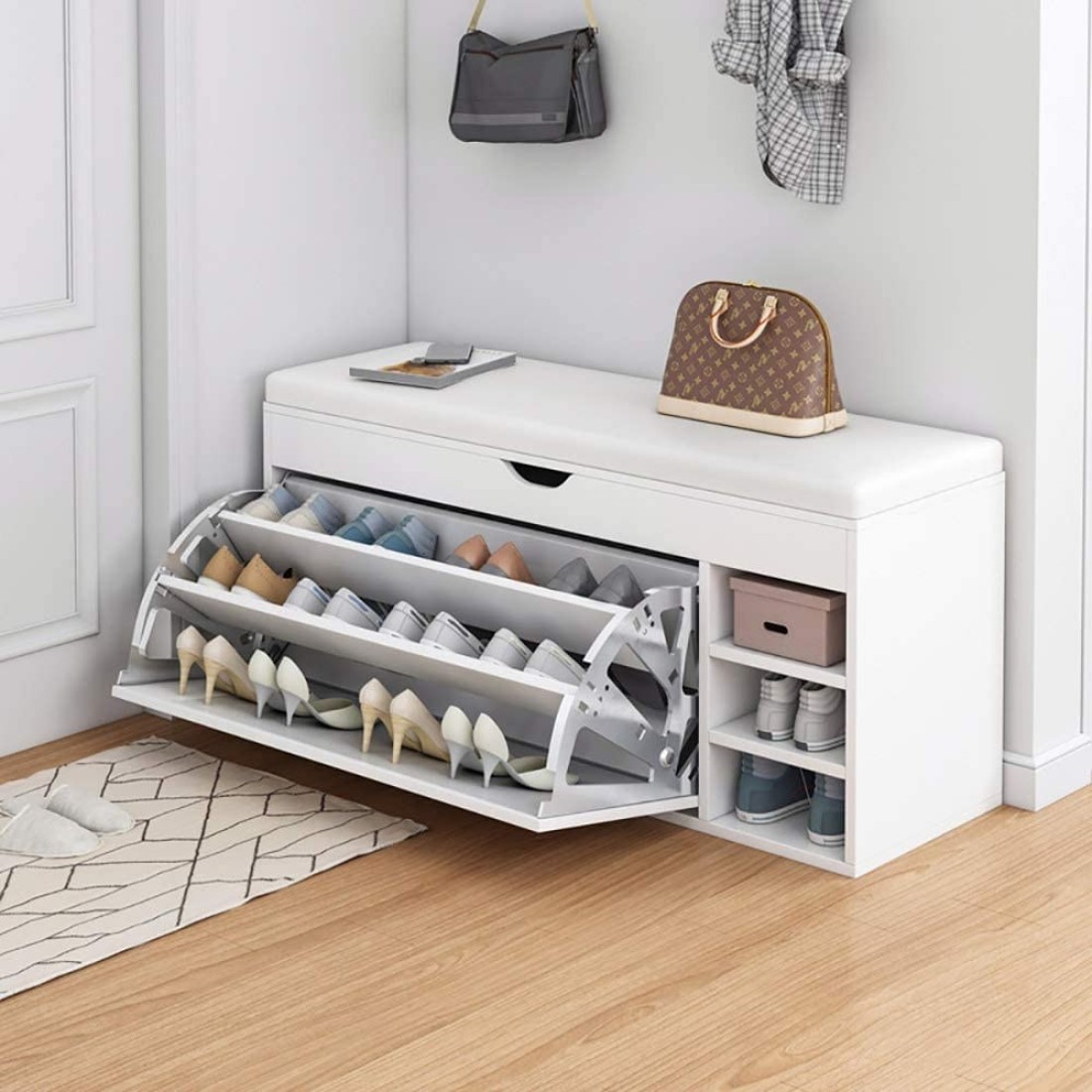 Generic Wooden Shoes Rack Bench With Shoe Changing Stool, Foldable Seat, Nonwoven Fabric Cover Closet, 80X34X53cm, White