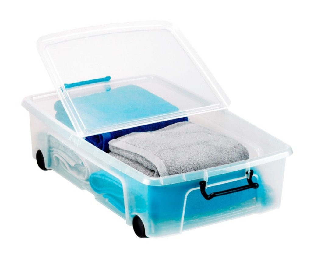 Strata, Made in UK, Plastic Underbed Storage Box with Wheels, Storage box with Lid and Handle, 35 liters- 69.5 L X 45.5 W X 18 H cm, STR-XW696-CLR/CLR-EX