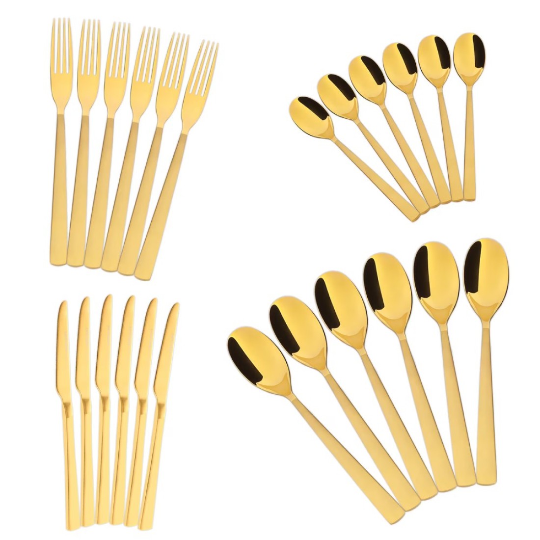 Life Smile 24 Pieces Cutlery Set Service for 6 person,Pure Stainless Steel Flatware Set,Mirror Polished Cutlery Utensil Set Include Spoon/Fork/Knife/Tea Spoon(SHINE GOLD &amp; SAND BLASTING HANDLE)