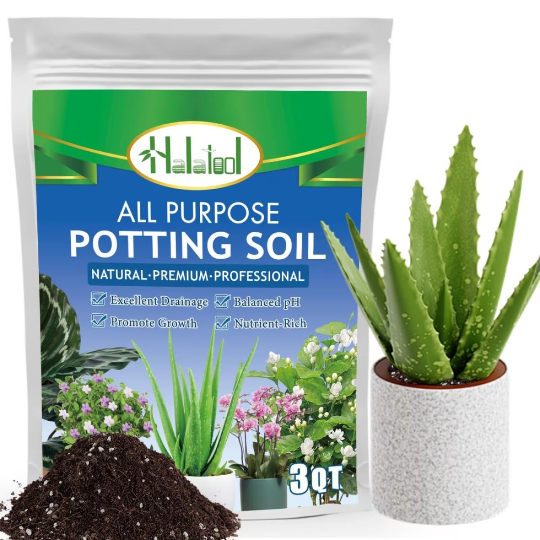 Halatool 3 QT Organic Aloe Plant Soil Potting Mix Garden Top Succulent Soil for Indoor &amp; Outdoor Plants Bonsai Aloe Vera Soil for Houseplants Flowers Vegetables &amp; Herbs