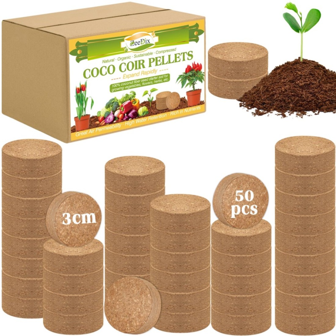 ZeeDix 50pcs(30mm) Compressed Coco Coir Fiber Potting Soil- Coir Medium, Coconut Soil for Indoors or Outdoors, Bonsai, Herbs, Plants, Flowers and Vegetables