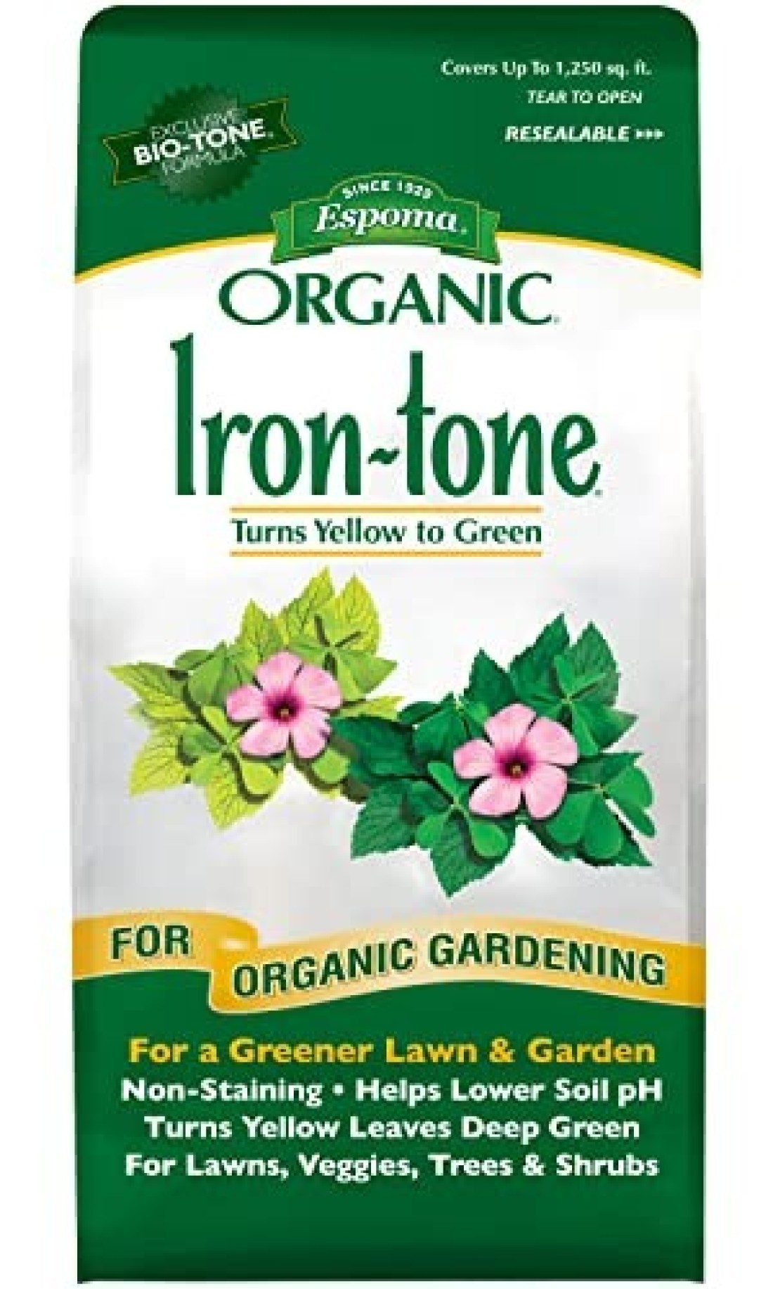 Espoma Organic IronTone 303 Organic Fertilizer and Plant Food to Help Correct Iron Deficiency Chlorosis 5 lb Bag Turns Yellow to Green Non Staining Iron
