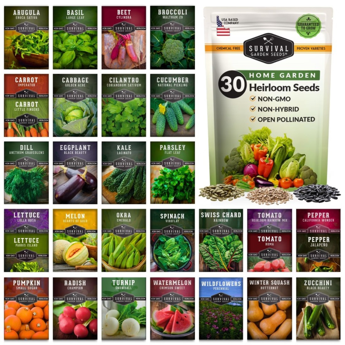 Survival Garden Seeds Home Garden Collection - 30 Pack with 18,500+ Non-GMO Heirloom Vegetable, Fruits, Herb Seed Varieties for Planting - Plant &amp; Grow Survival Food &amp; Emergency Preparedness Gear